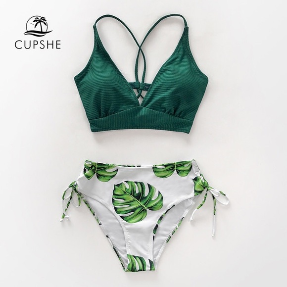 CUPSHE Green and Leaf Print Lace Up Bikini Set - Picture 3 of 8
